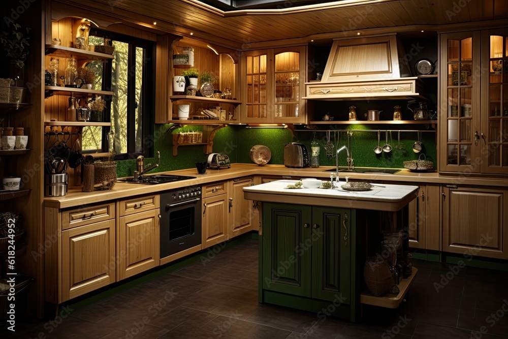 Cuisine Conception. Interior Design of Kitchen with Bar, Luxury Furniture and Utensils on Table Top in Forest Room Setting: Generative AI Cuisine Conception. Interior Design of Kitchen with Bar, Luxury Furniture and Utensils on Table Top in Forest Room Setting: Generative AI