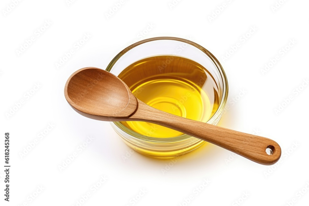 Vegetable Cooking Oil in Glass Bowl with Wooden Spoon Vegetable Cooking Oil in Glass Bowl with Wooden Spoon
