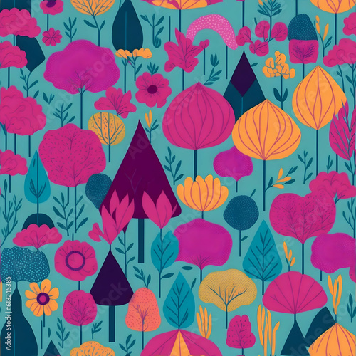 Seamless patterns of flowers and trees  rainbow themed  repeating patterns design  fabric art  flat illustration  rainbow-core  highly detailed clean  vector image  photorealistic. Generated AI.