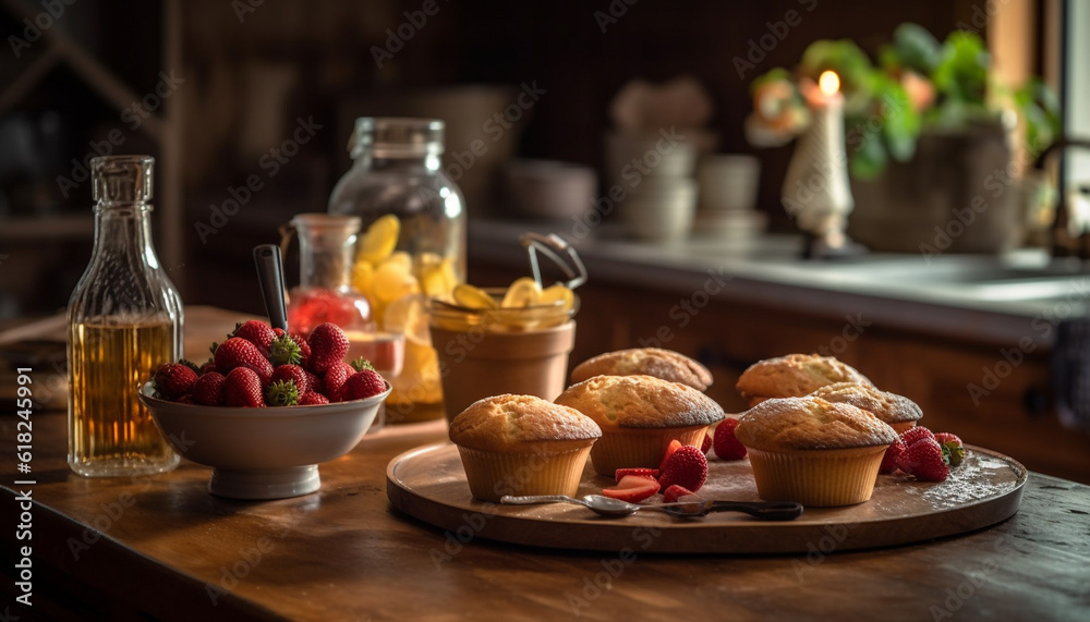 Naklejka premium Freshly baked muffins on rustic wooden table generated by AI