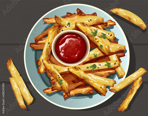 Deep-fried potato. French fries on the plate. Snack. Top view. Vector illustration.