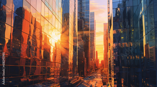 A City Skyscrapers Sunlight is Reflected on the Glass Surface of the Building, the Geometric Background Pattern of the Glass Window on the Modern Building 