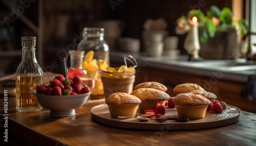 Freshly baked muffins on rustic wooden table generated by AI