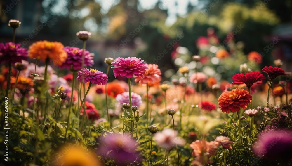 Obraz premium Vibrant wildflowers bloom in rural meadow scene generated by AI
