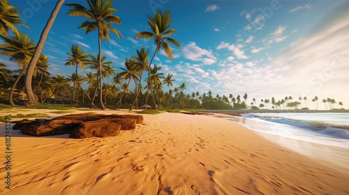 A Beautiful Beach with Coconut Trees at Sunset Copy Space of Summer Vacation and Travel Concept  Tropical Paradise Beach with White Sand and Palm Trees.