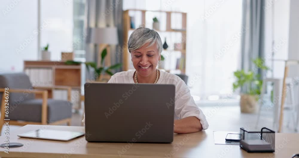 Remote work from home, smile and senior woman with a laptop, typing and project feedback. Female person, entrepreneur and business owner with a pc, review and online reading with email and research Remote work from home, smile and senior woman with a laptop, typing and project feedback. Female person, entrepreneur and business owner with a pc, review and online reading with email and research