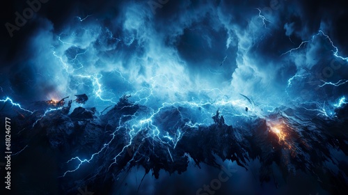 Dramatic blue sky with clouds with lightning storm. Ai generative Art.