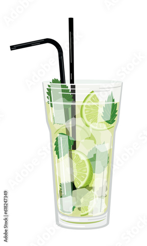 Vector illustration of a cocktail with citrus slices, leaves
mint, ice cubes and tubules on a white background in a flat style. Mojito. Suitable for menu design, food stickers, scrapbooking.