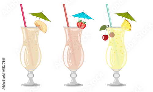 Vector illustration of milkshakes with pieces of fruit, cocktail umbrellas and straws on a white background in a flat style. Suitable for menu design, food stickers, scrapbooking.
