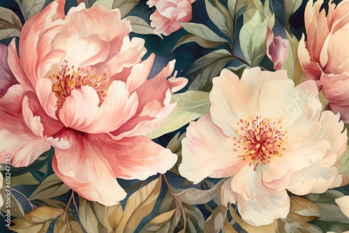 Pattern with watercolor peonies, beautiful colorful peony flowers, digital background. Generative Ai © vassileva_t
