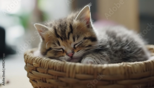 Fluffy kitten sleeping in comfortable basket indoors generated by AI