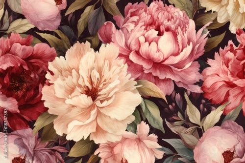 Fototapeta Naklejka Na Ścianę i Meble -  Pattern with watercolor peonies, beautiful colorful peony flowers, digital background. Generative Ai