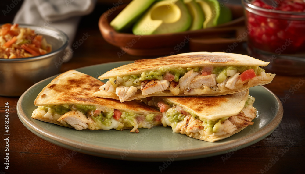 Freshly grilled beef taco with homemade guacamole generated by AI Freshly grilled beef taco with homemade guacamole generated by AI