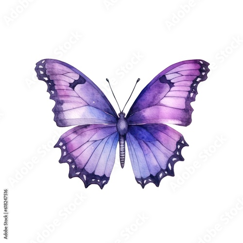 Beautiful violet butterfly isolated on white background in watercolor style. Generative AI.