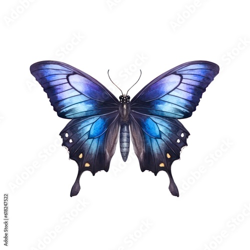 Colorful butterfly with black and blue wings isolated on white background in watercolor style. Generative AI.