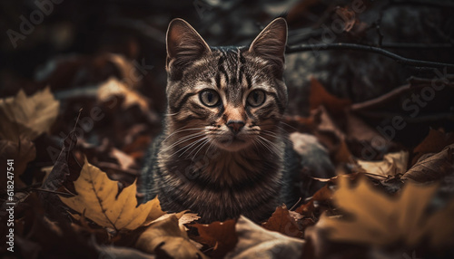Fluffy kitten sits among autumn leaves, playful generated by AI © Gstudio