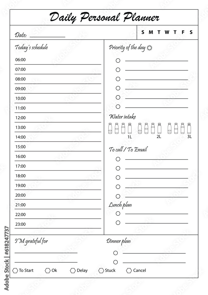 Daily personal planner. template. Clear and simple printable. Business organizer page. Paper sheet. Realistic vector illustration. Daily personal planner. template. Clear and simple printable. Business organizer page. Paper sheet. Realistic vector illustration.