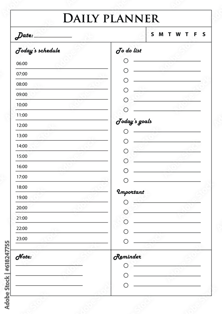Daily planner. template. Clear and simple printable. Business organizer page. Paper sheet. Realistic vector illustration.