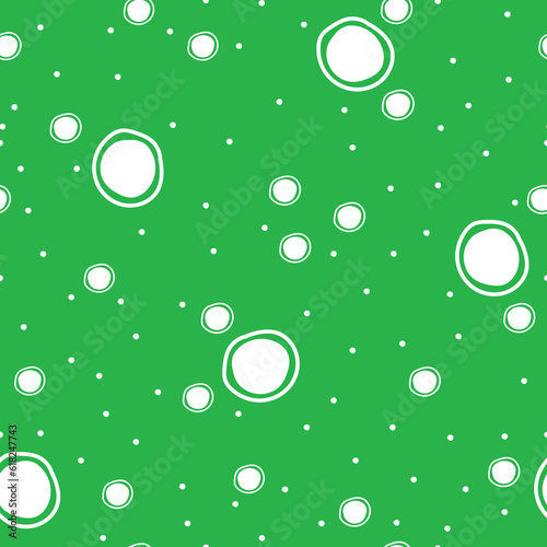 Vibrant Green Polka Dot Seamless Pattern- seamless pattern of white circles of various sizes on green background  exuding a cheerful vibe perfect for wallpapers, fabric designs,and textile patterns