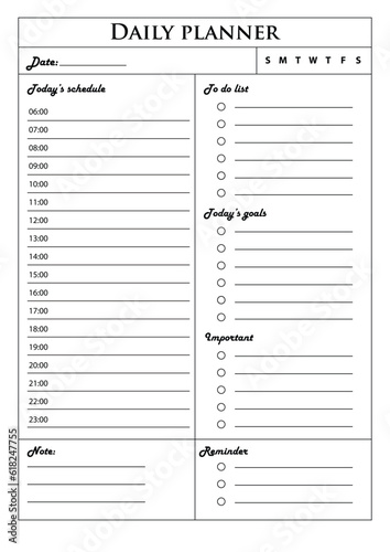 Daily planner. template. Clear and simple printable. Business organizer page. Paper sheet. Realistic vector illustration.