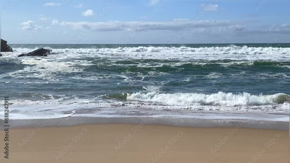Empty wild sandy beach, Atlantic Ocean seascape, sea waves, beautiful cloudscape, dramatic landscape, travel content, Lisbon, Portugal Empty wild sandy beach, Atlantic Ocean seascape, sea waves, beautiful cloudscape, dramatic landscape, travel content, Lisbon, Portugal