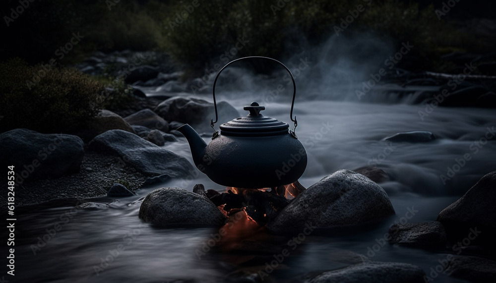 Boiling teapot on campfire, brewing fresh tea generated by AI Boiling teapot on campfire, brewing fresh tea generated by AI