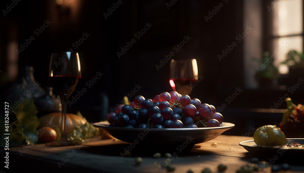 Rustic still life celebrates autumn with wine generated by AI