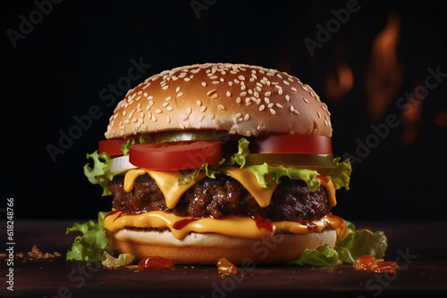 An amazing delicious cheese burger on dark background Generative AI