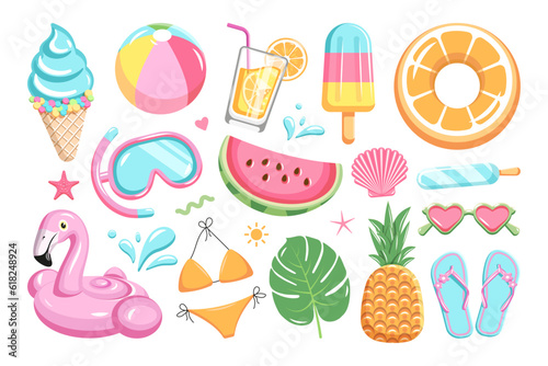 Set of 22 elements for relaxing on the beach. Vector illustration.