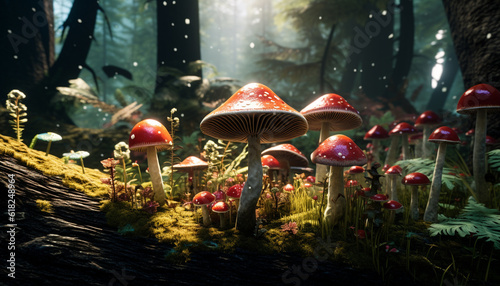 Poisonous toadstool grows in uncultivated autumn forest generated by AI