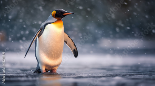 Portrait of a penguin in a snowy landscape. Playful  happy animal. Blurred background. 