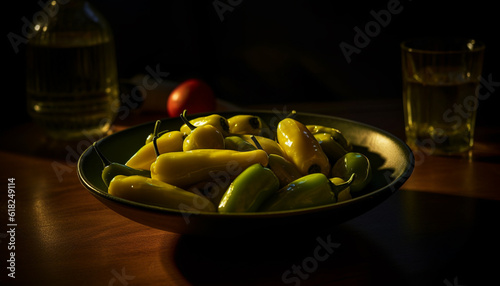 Fresh organic vegetarian salad on wooden table generated by AI