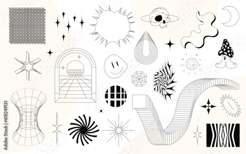 Super trendy geometric Y2K aesthetic brutalism styled linear shapes and forms. Set including stars, deformation, bubbles, arrows and other trendy shapes.