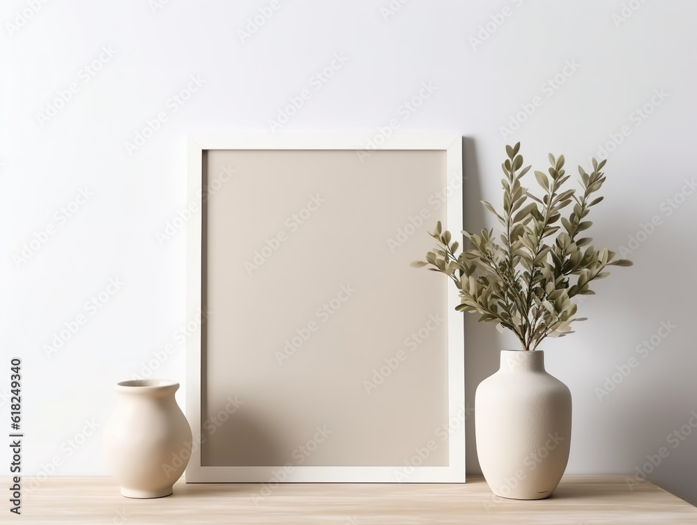 Empty Horizontal Frame Mockup in Modern Minimalist Interior with Plant Empty Horizontal Frame Mockup in Modern Minimalist Interior with Plant
