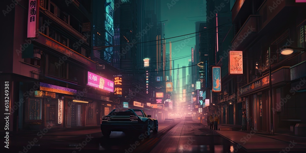 Street of night cyberpunk city.
