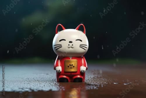 A statue of a cat in the rain. Symbol of good luck, cat in kimono. White cat on blurred nature background. 