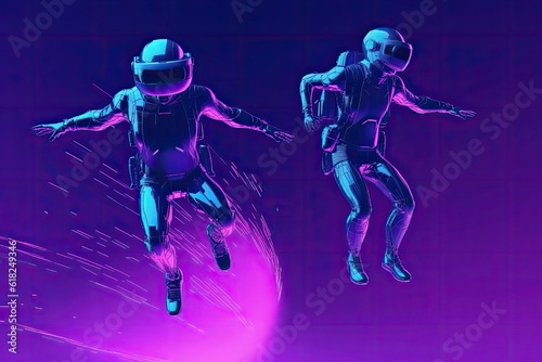 Two explorers are jumping purple virtual reality. © Iryna