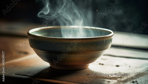 Earthenware bowl on wood table, cooking over flame generated by AI