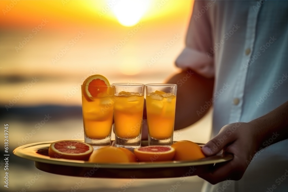 Waiter serving orange juice on a tray Summer beach sun