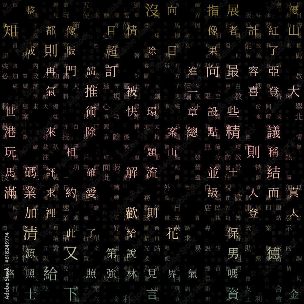 Abstract background. Random Characters of Chinese Traditional Alphabet. Gradiented matrix pattern. Soft green pink brown color theme backgrounds. Tileable horizontally. Trendy vector illustration.