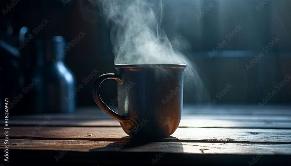 Rustic coffee mug on wooden table steams generated by AI Rustic coffee mug on wooden table steams generated by AI