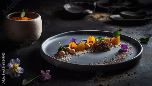 Fresh organic fruit and herb snack bowl generated by AI