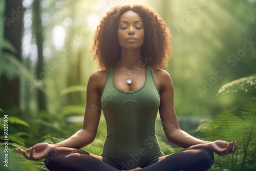 Close up of an African American woman practicing meditation outdoors. Generative AI