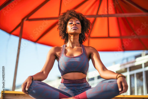 Close up of an African American woman practicing meditation outdoors. Generative AI