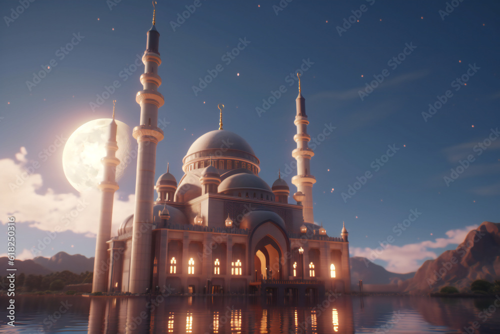 A painting of a mosque with a crescent moon in the background generative AI