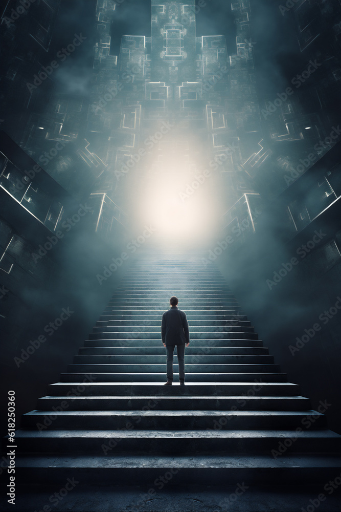Silhouette of the alone and pensive man standing on stairs, Ambitions concept with man climbing stairs, Success, Steps (AI Generative)