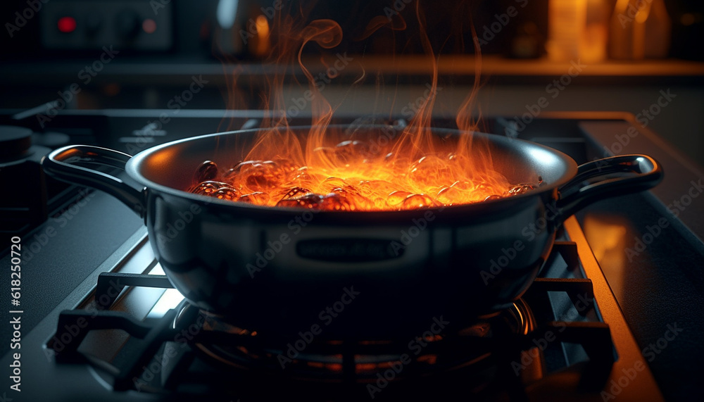Flame on stove top heats cooking pan generated by AI Flame on stove top heats cooking pan generated by AI