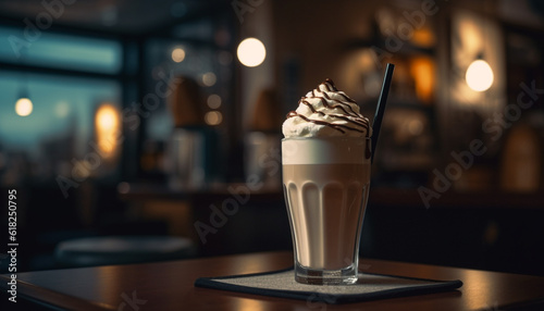 Whipped cream and chocolate adorn hot latte generated by AI