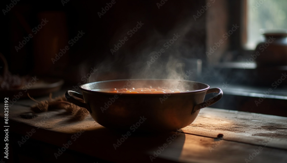 Rustic stew simmers on old fashioned stove generated by AI