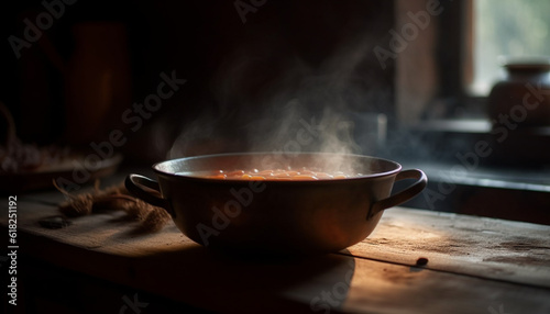 Rustic stew simmers on old fashioned stove generated by AI